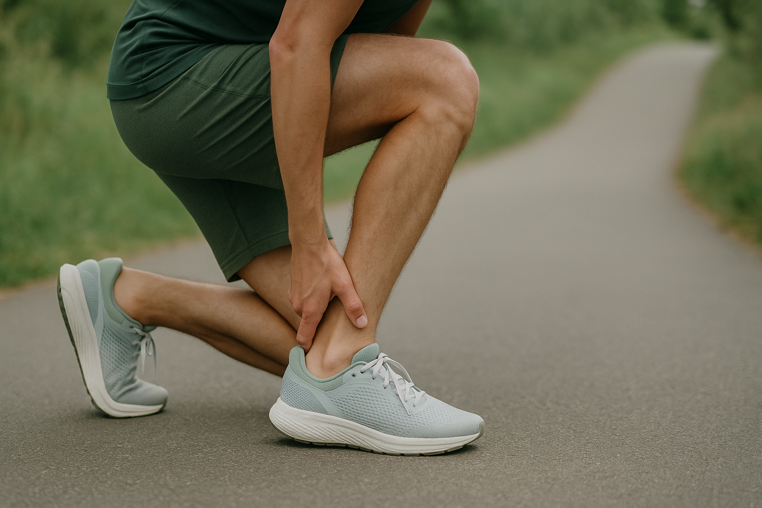 Runner pausing on a hill and holding the Achilles area after a harder run.